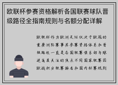 欧联杯参赛资格解析各国联赛球队晋级路径全指南规则与名额分配详解