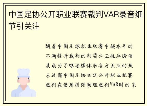 中国足协公开职业联赛裁判VAR录音细节引关注